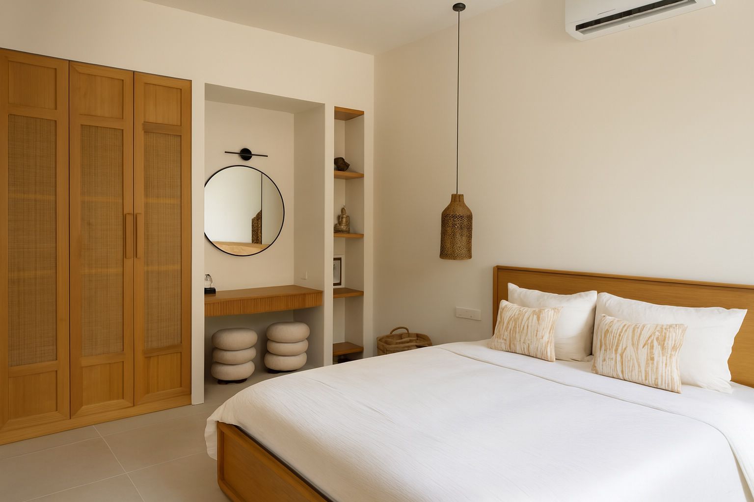 Bedroom listing photo before and after enhancement, shown as a draggable before/after comparison - after