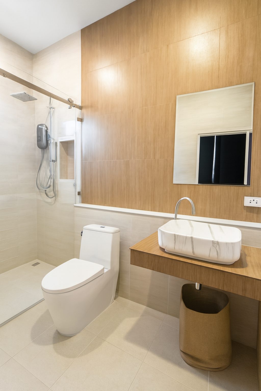 Bathroom listing photo comparing a raw phone capture with AI-enhanced professional-grade output