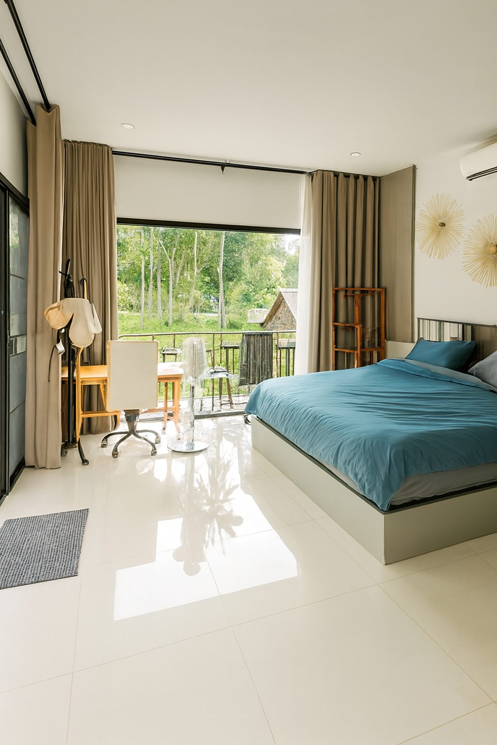 Bedroom with balcony view before and after preparation and enhancement for a photo shoot