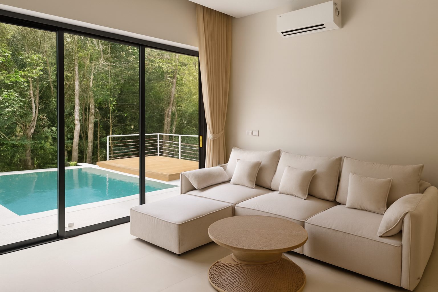 Living room with pool view before and after AI enhancement compared to professional photography - after